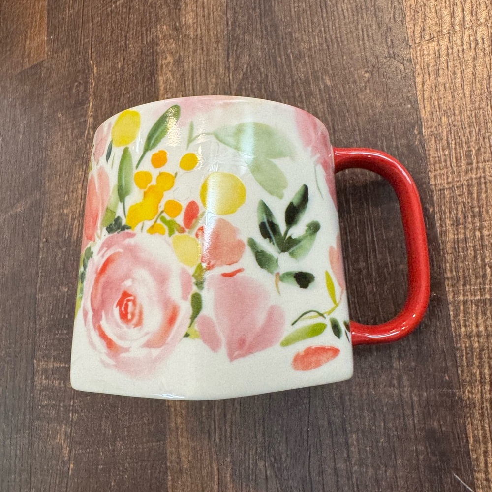 Floral Ceramic Mug with Red Handle